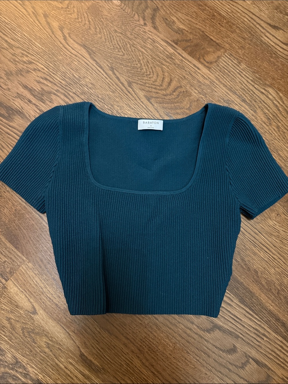 Babaton Teal Ribbed Square-Neck Short Sleeve Crop